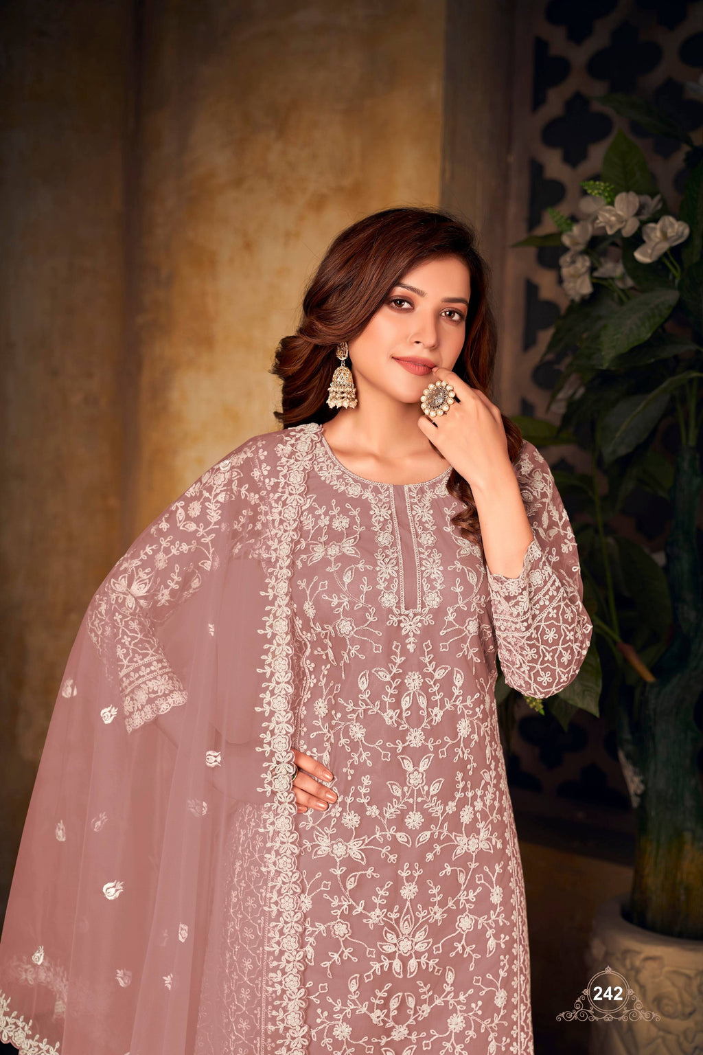 Anaita Light Brown Embroidered Net Plazzo Suit - Distacart