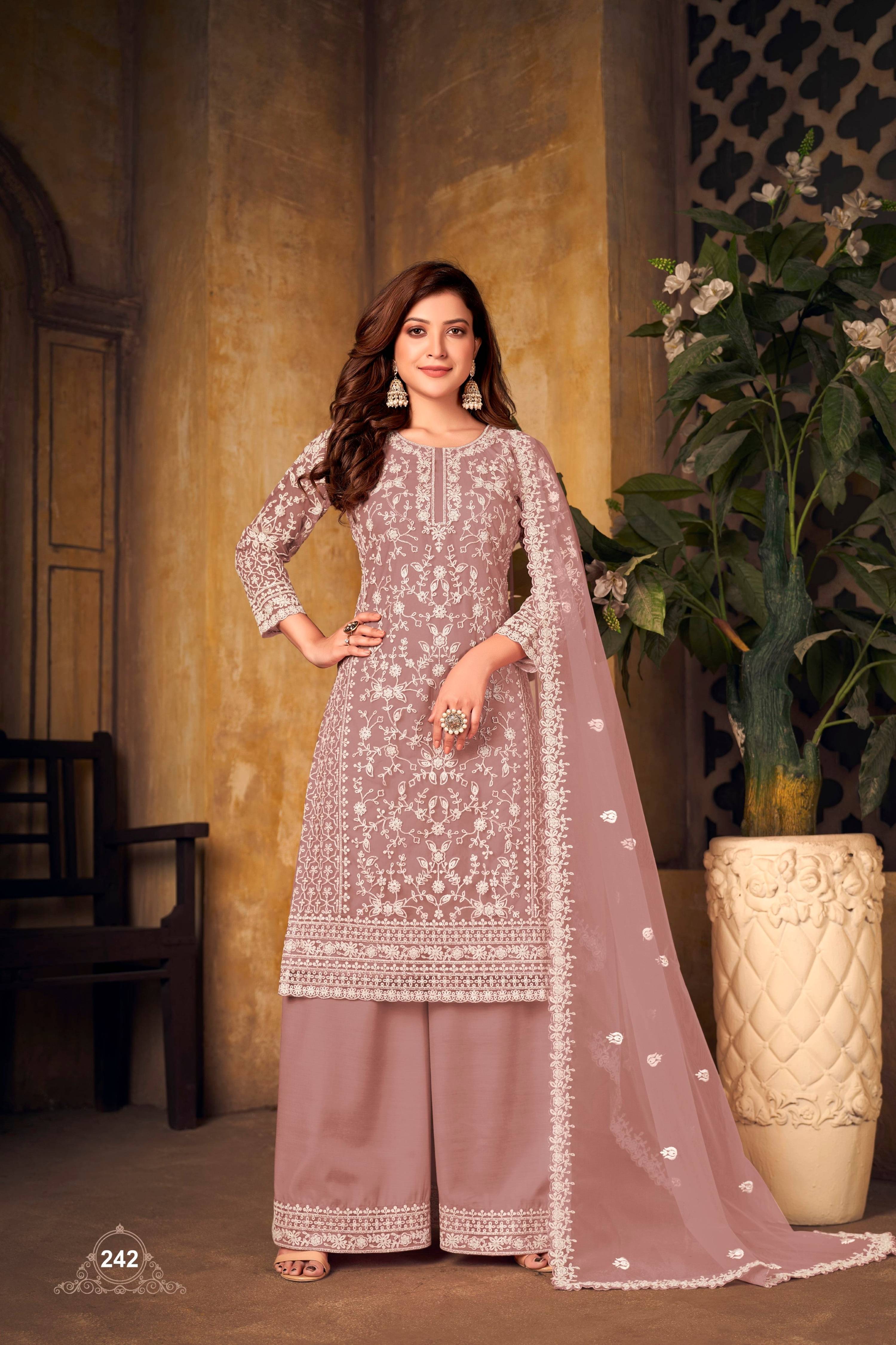 Anaita Light Brown Embroidered Net Plazzo Suit - Distacart