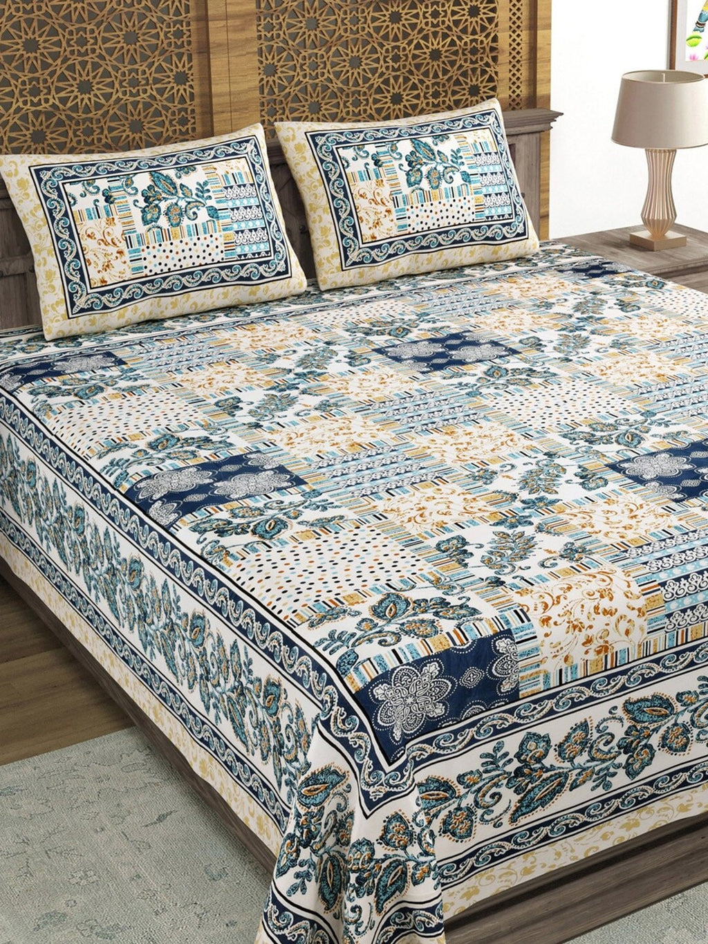 Sangria Blue & Brown Printed Cotton 210TC Double King Bedsheet With 2 Pillow Covers