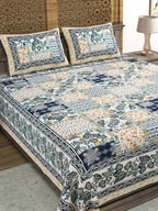 Sangria Blue & Brown Printed Cotton 210TC Double King Bedsheet With 2 Pillow Covers