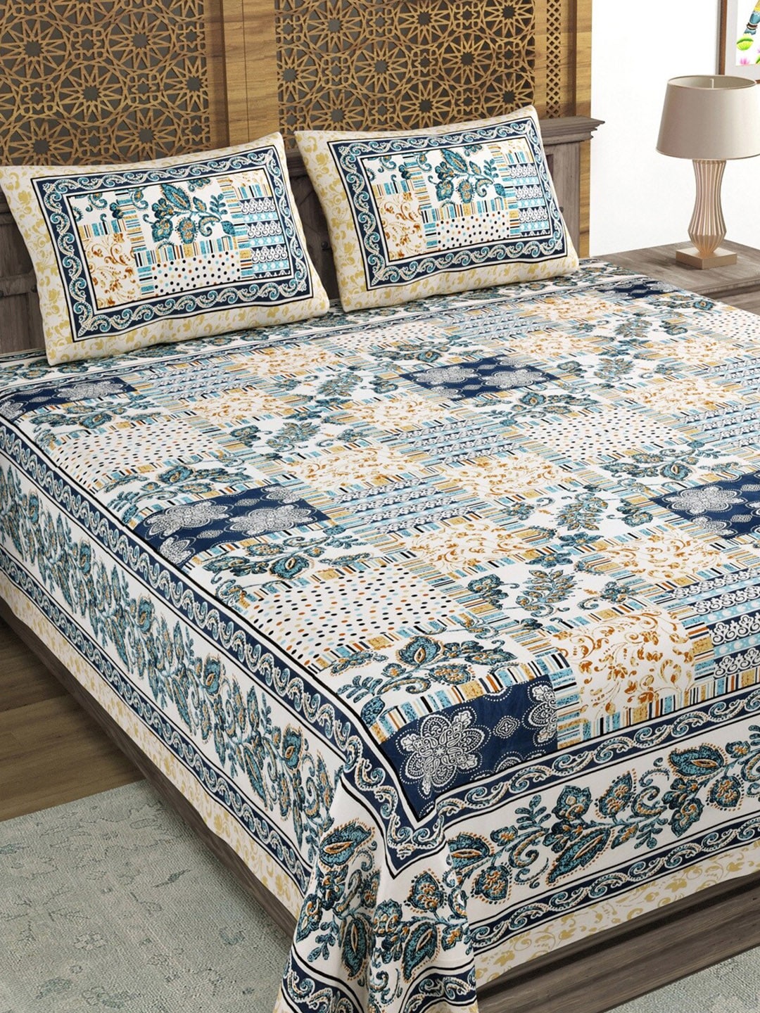 Sangria Blue & Brown Printed Cotton 210TC Double King Bedsheet With 2 Pillow Covers