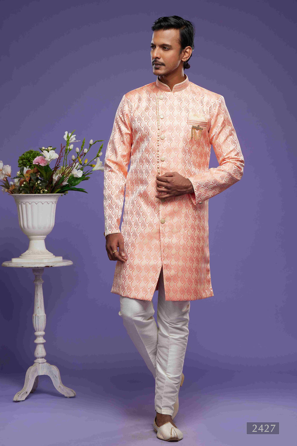 Raivat Ethnic Banarasi Jacquard Embroidery Semi Indo Western Sherwani In Pink Colour