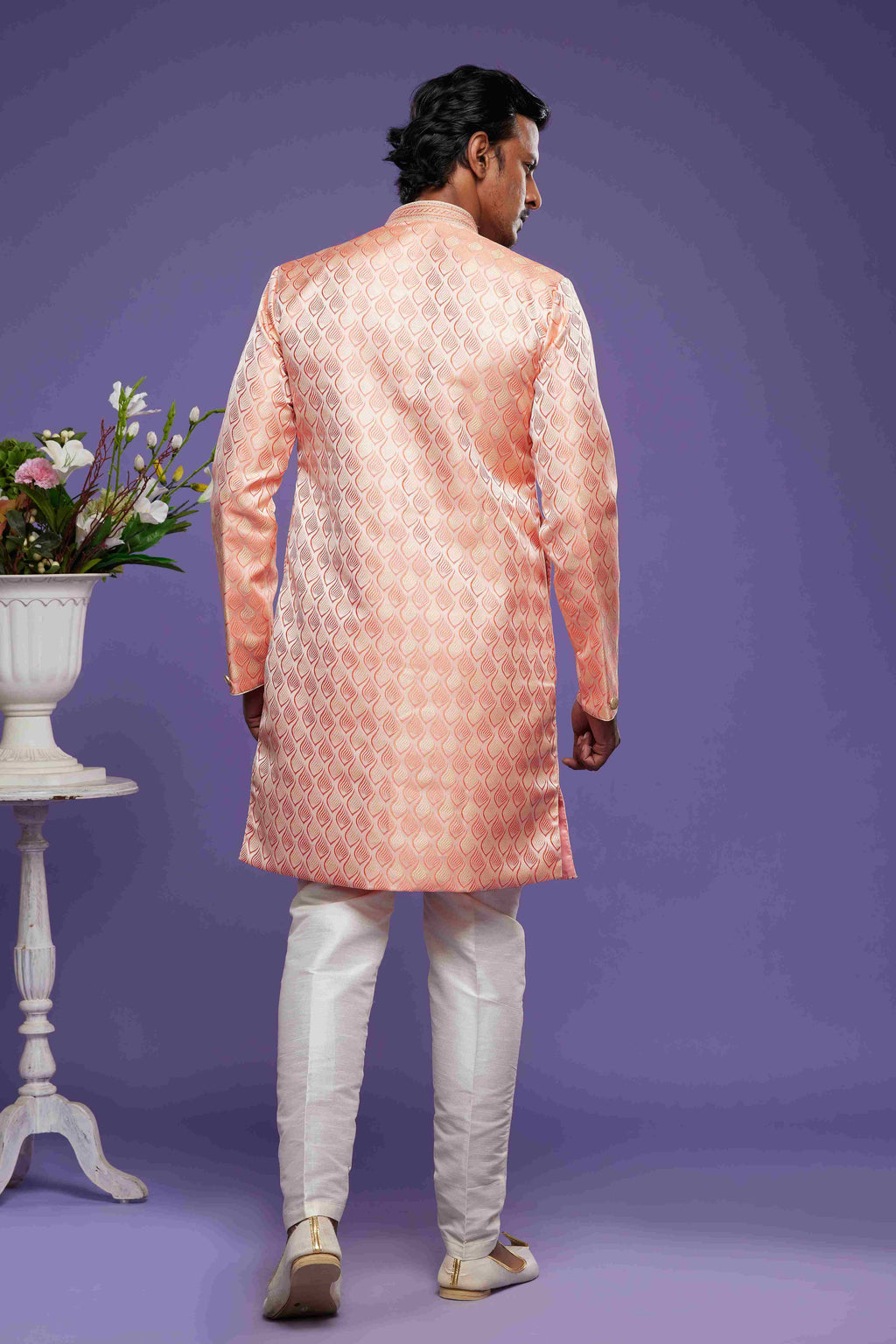 Raivat Ethnic Banarasi Jacquard Embroidery Semi Indo Western Sherwani In Pink Colour