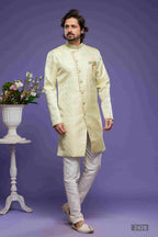 Raivat Ethnic Banarasi Jacquard Embroidery Semi Indo Western Sherwani In Pista Green Colour