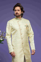 Raivat Ethnic Banarasi Jacquard Embroidery Semi Indo Western Sherwani In Pista Green Colour