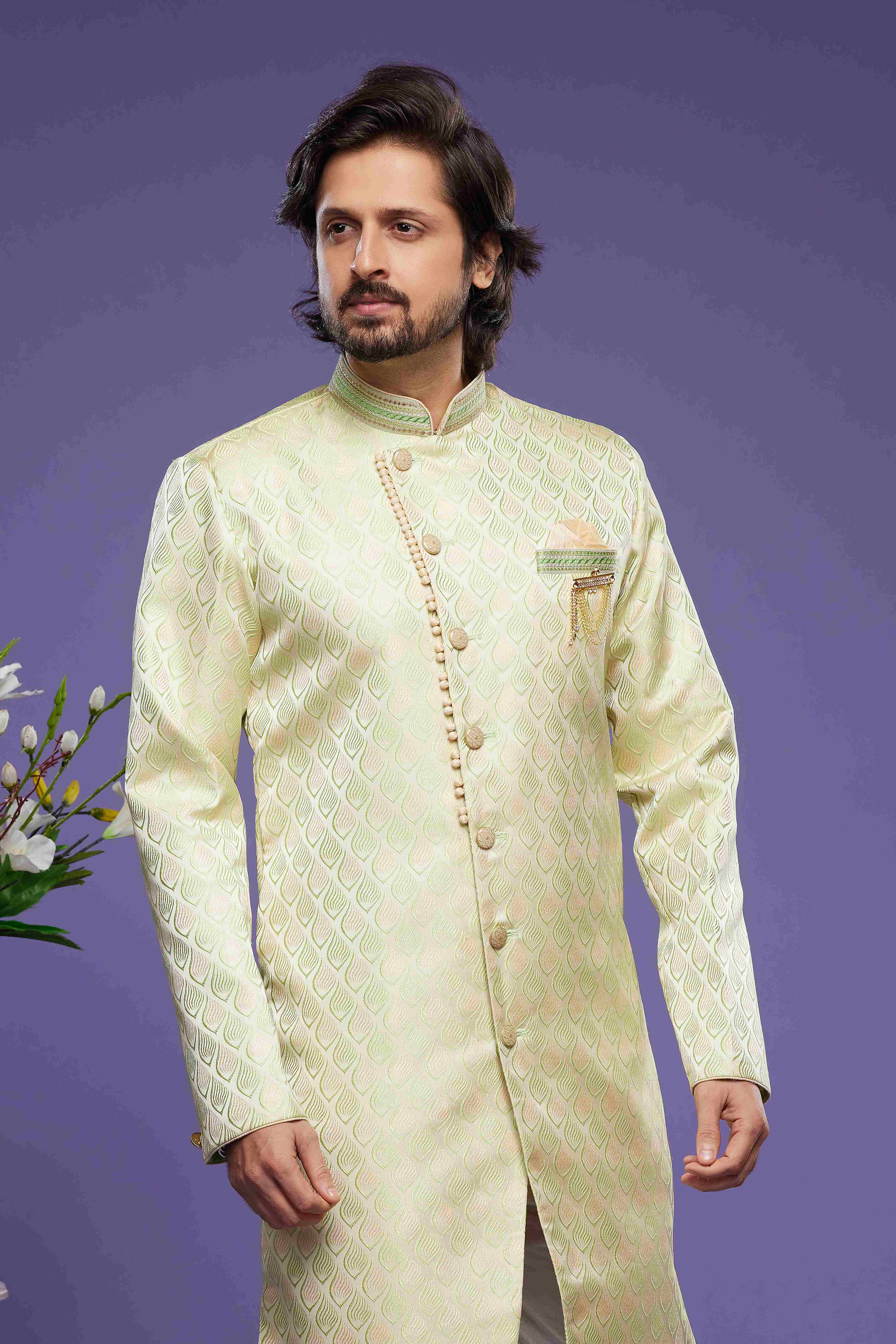 Raivat Ethnic Banarasi Jacquard Embroidery Semi Indo Western Sherwani In Pista Green Colour