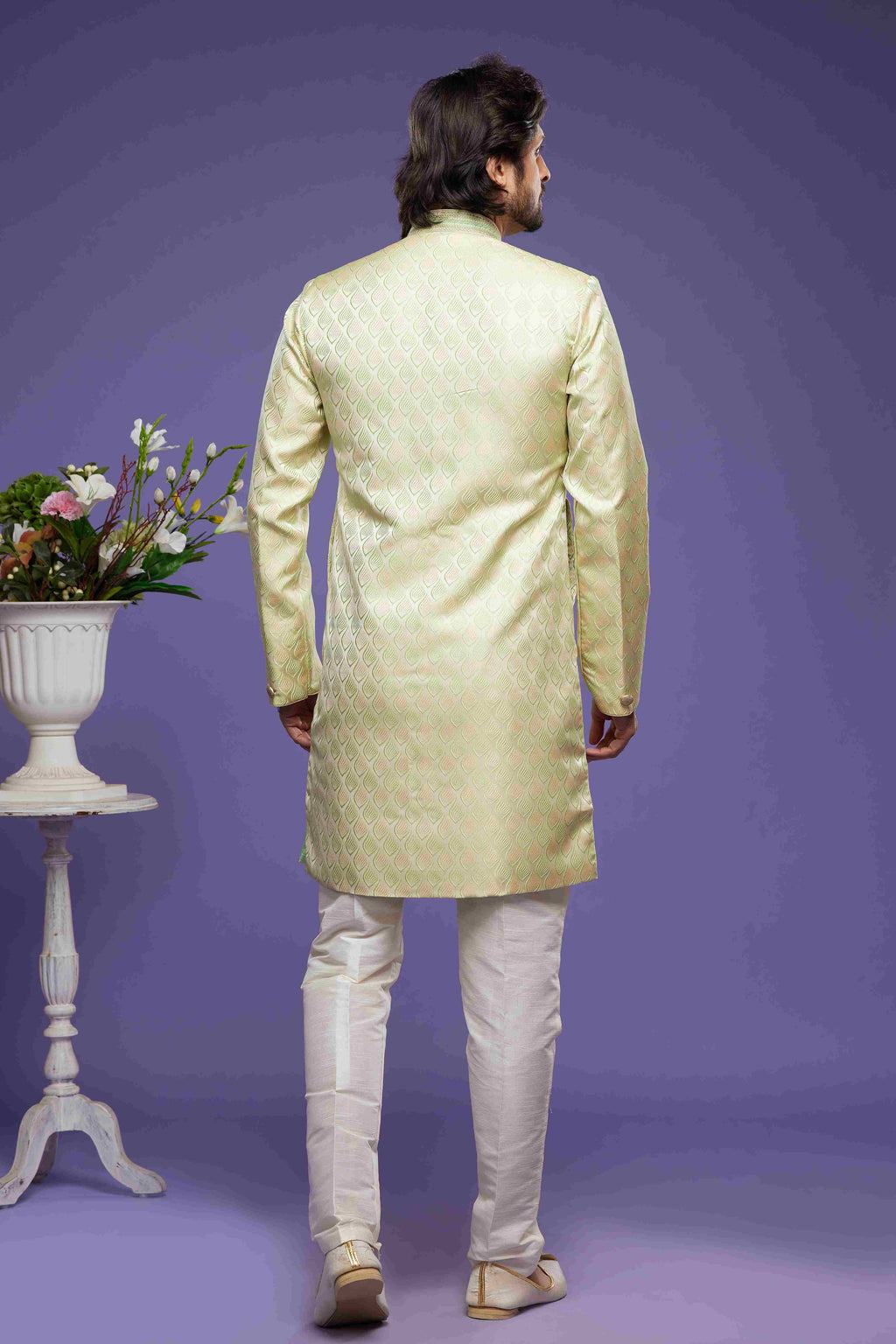 Raivat Ethnic Banarasi Jacquard Embroidery Semi Indo Western Sherwani In Pista Green Colour