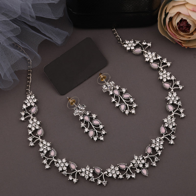 Tehzeeb Creations Silver Pleated White Diamond With Baby Pink Beads Necklace Set