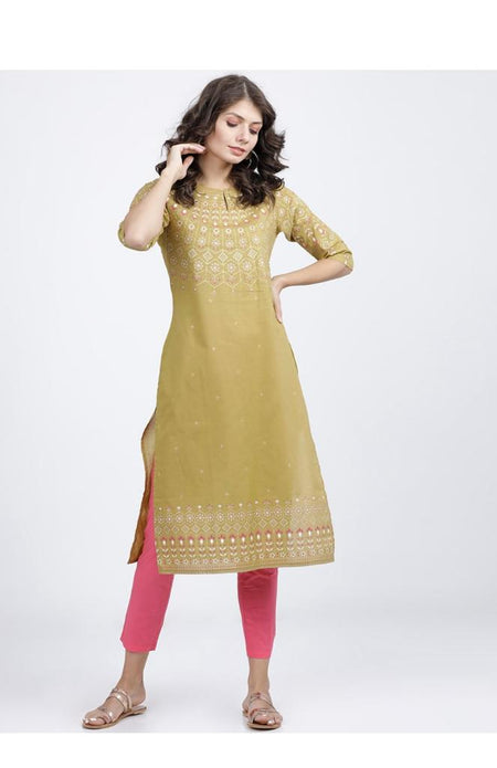 Maai Rayon Hand Printed Kurta Mustard