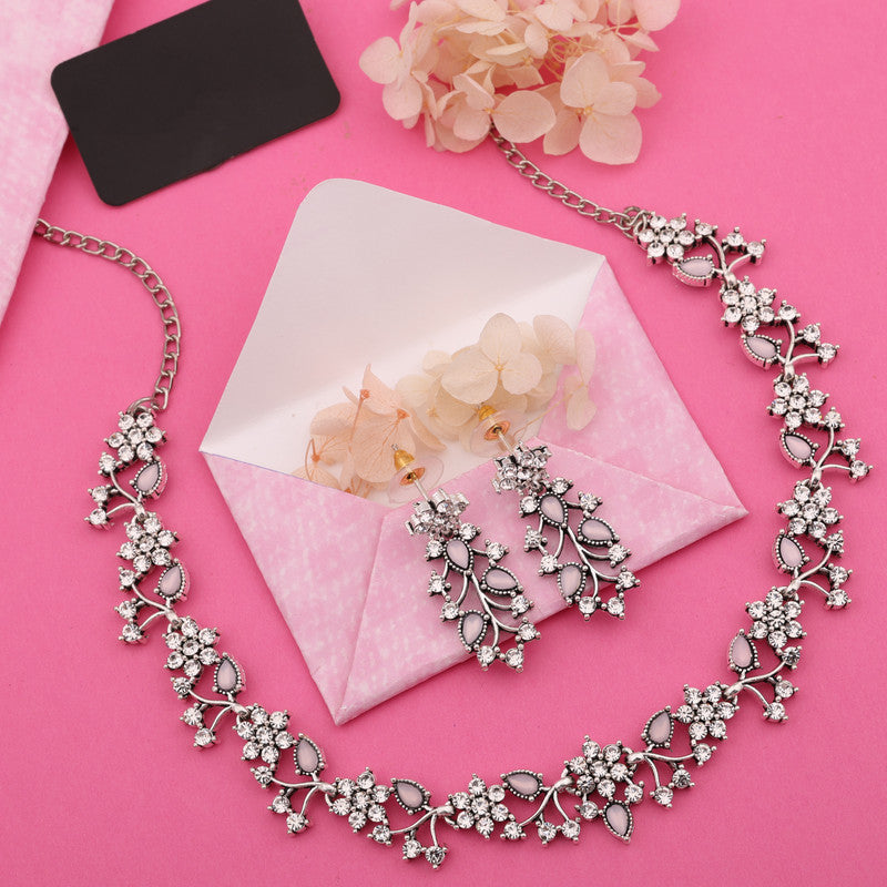 Tehzeeb Creations Silver Pleated White Diamond With Baby Pink Beads Necklace Set