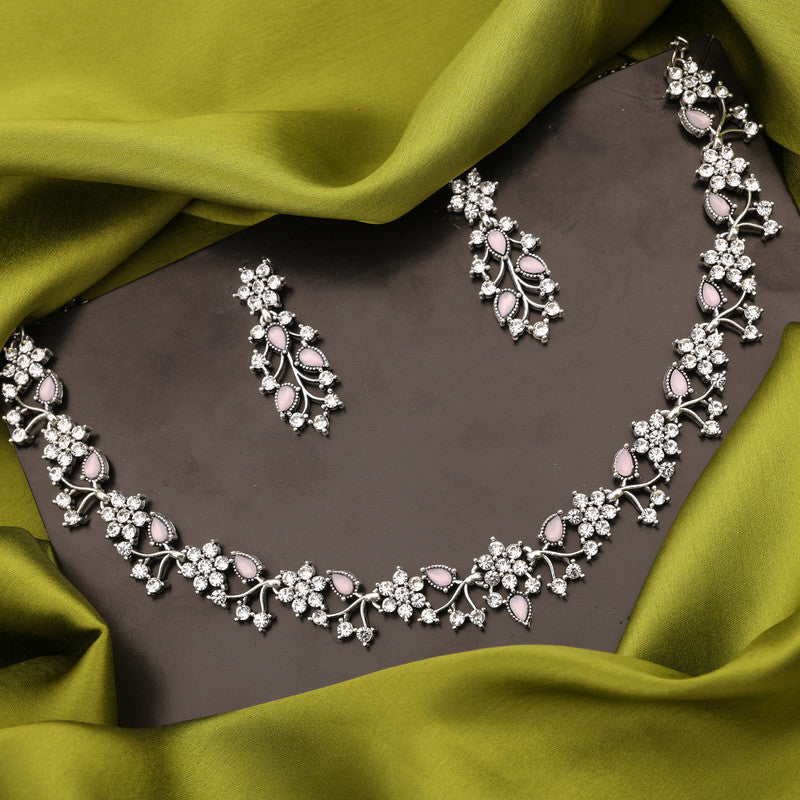 Tehzeeb Creations Silver Pleated White Diamond With Baby Pink Beads Necklace Set