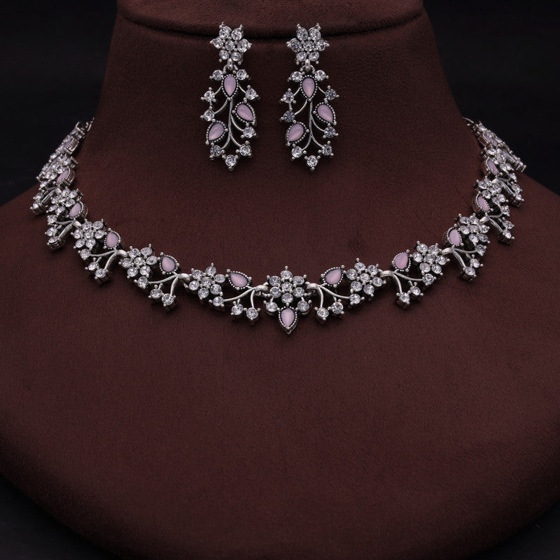 Tehzeeb Creations Silver Pleated White Diamond With Baby Pink Beads Necklace Set
