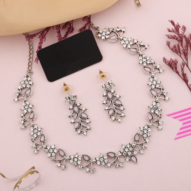 Tehzeeb Creations Silver Pleated White Diamond With Baby Pink Beads Necklace Set
