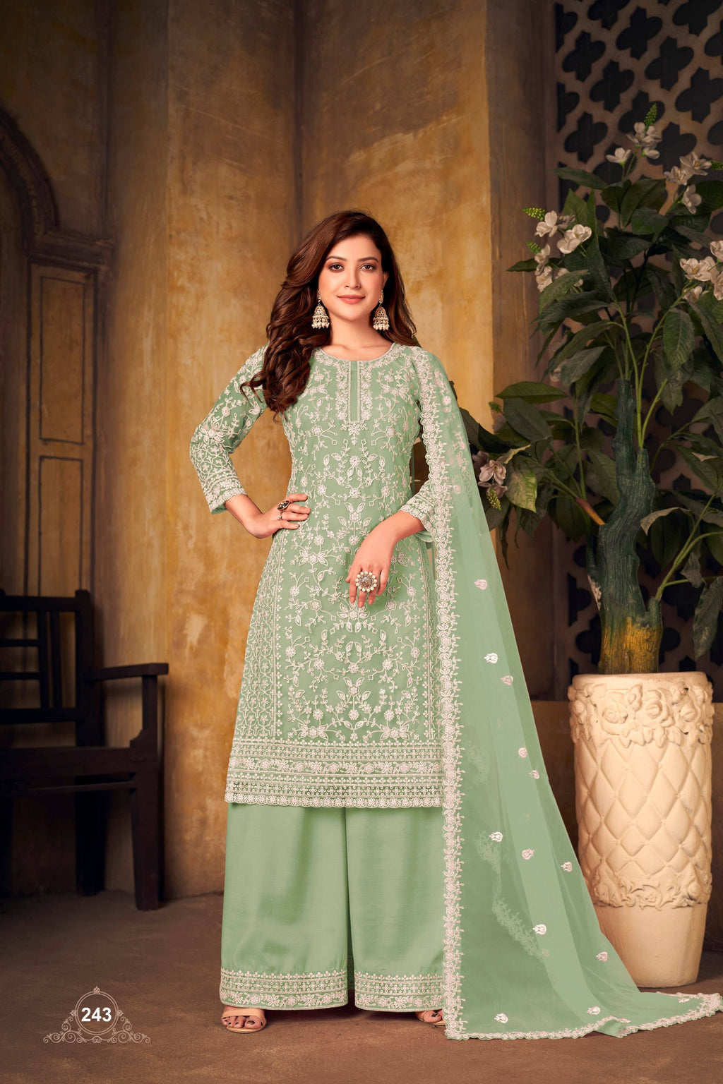 Anaita Light Green Embroidered Net Plazzo Suit - Distacart