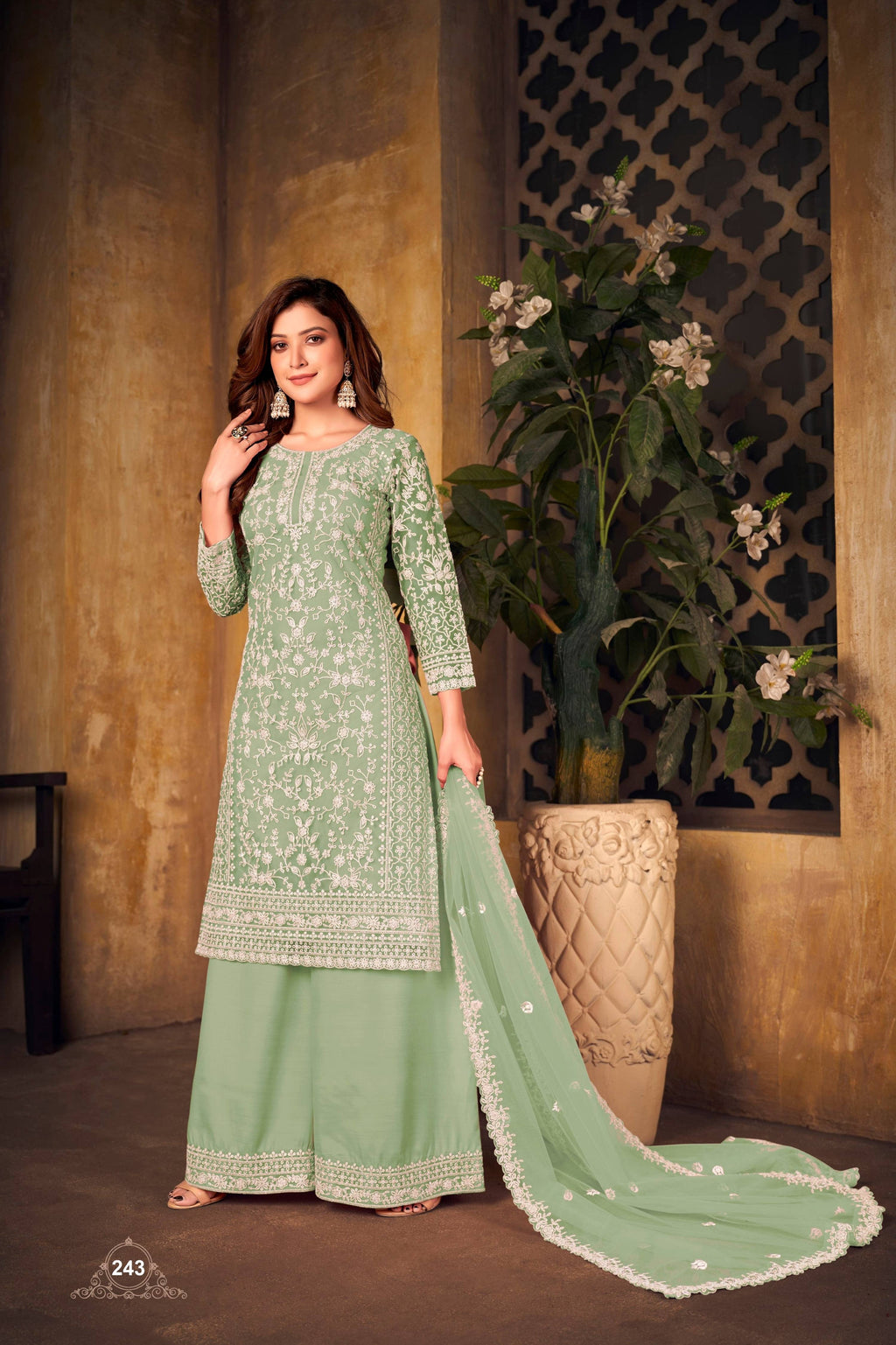 Anaita Light Green Embroidered Net Plazzo Suit - Distacart