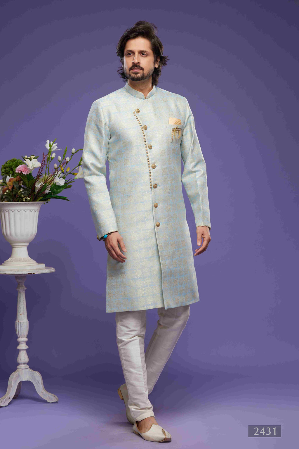 Raivat Ethnic Banarasi Jacquard Embroidery Semi Indo Western Sherwani In Sky Blue Colour