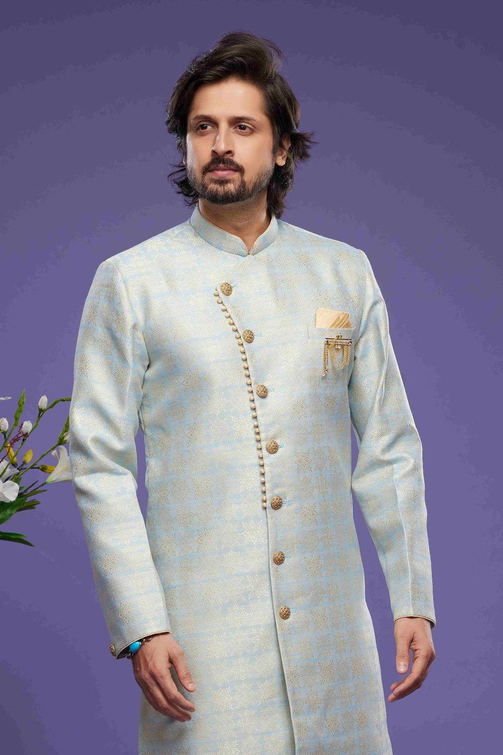 Raivat Ethnic Banarasi Jacquard Embroidery Semi Indo Western Sherwani In Sky Blue Colour