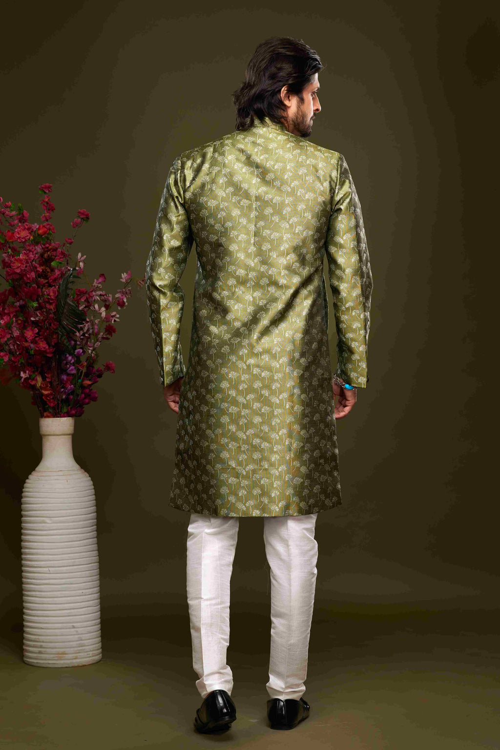 Raivat Ethnic Banarasi Jacquard Embroidery Semi Indo Western Sherwani In Green Colour