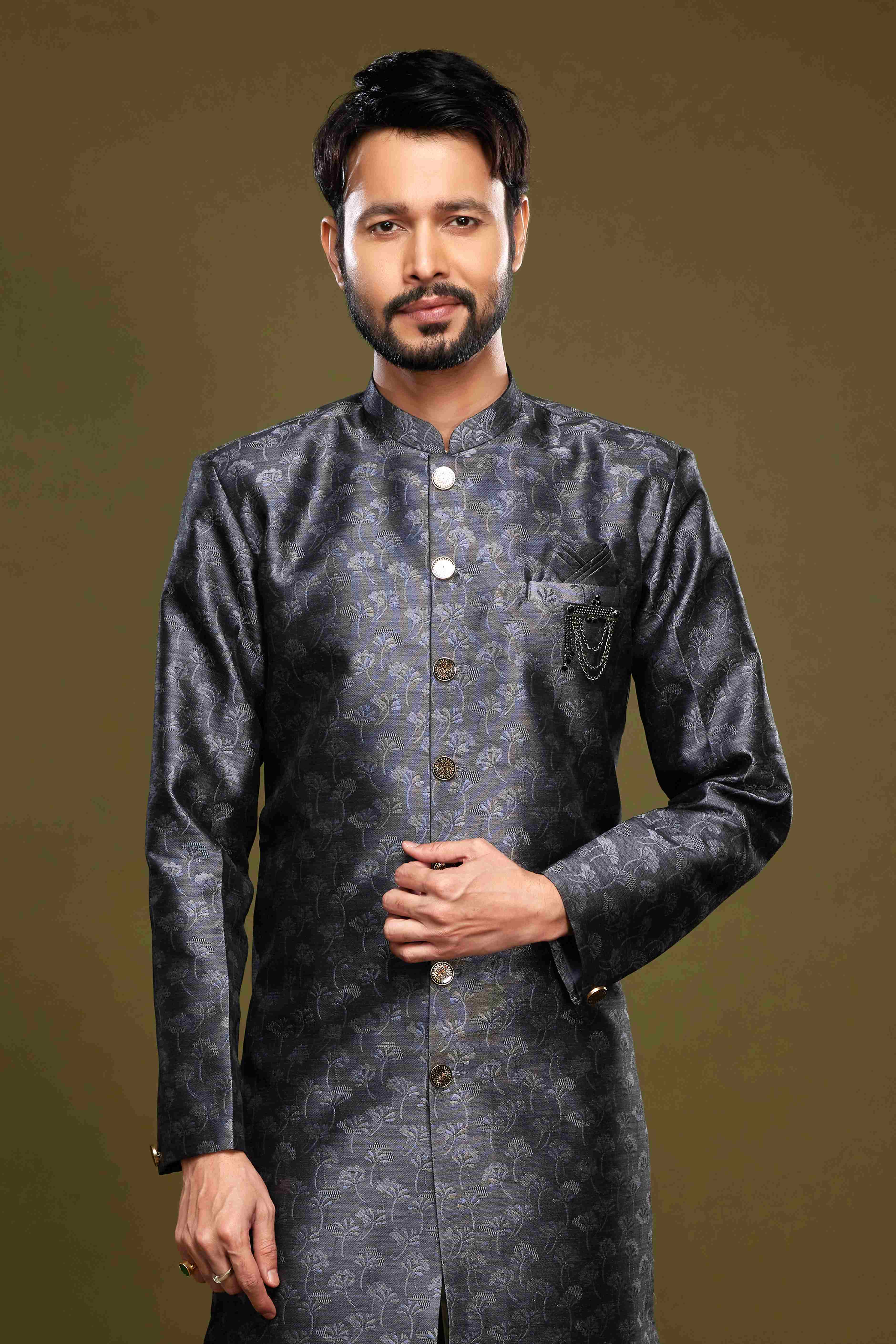 Raivat Ethnic Banarasi Jacquard Embroidery Semi Indo Western Sherwani In Black Colour