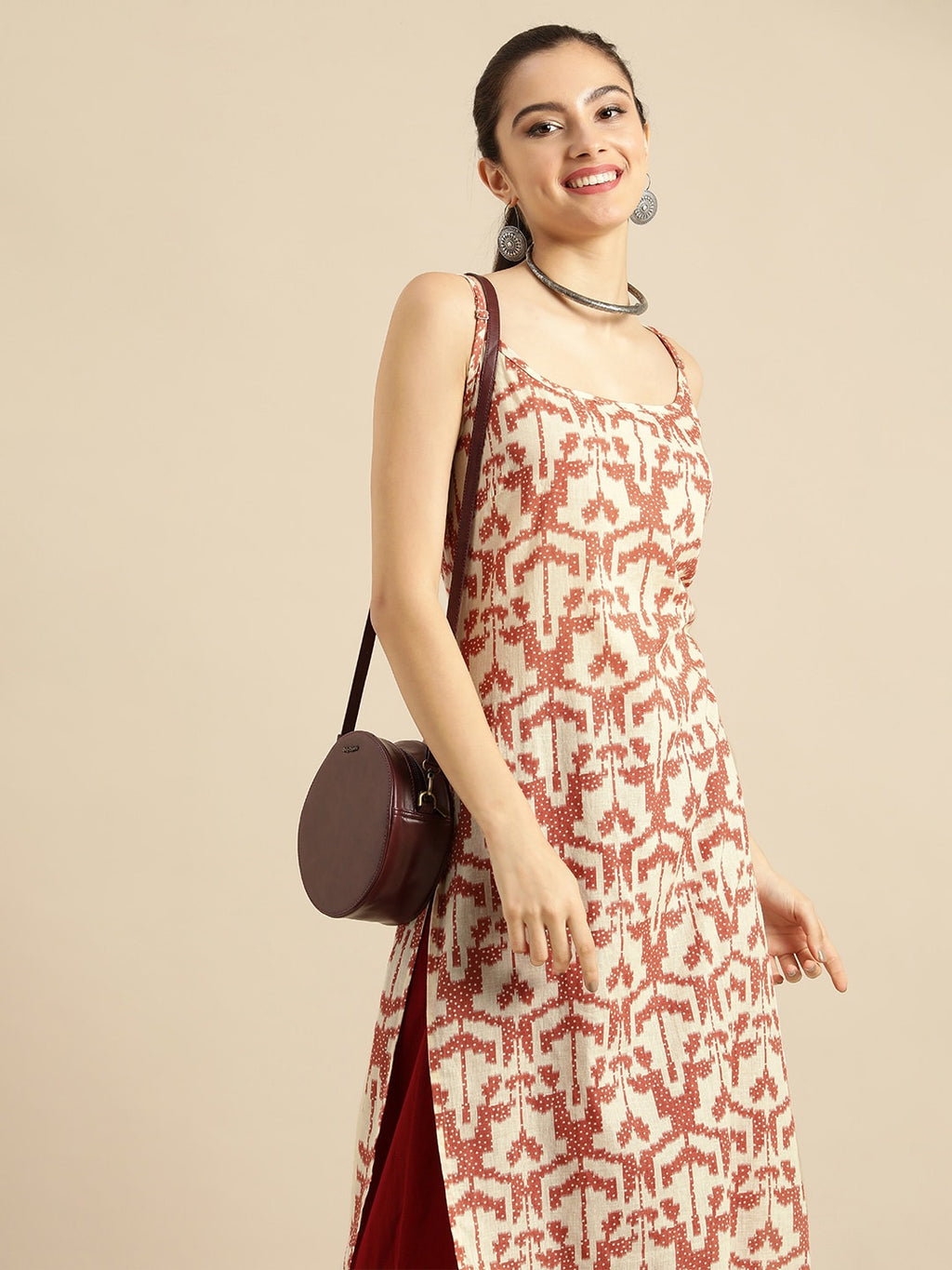 Sangria Women White & Rust Red Printed Cotton Kurta