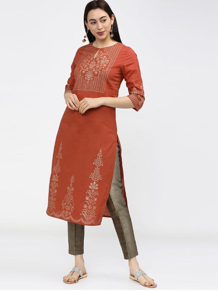 Maai Rayon Hand Printed Kurta Orange