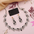 Tehzeeb Creations Silver Pleated White Diamond With Baby Black Beads Necklace Set