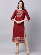 Souchii Maroon & Yellow Thread Work Grandeur & Majestic Artwork Cotton Kurta - Distacart