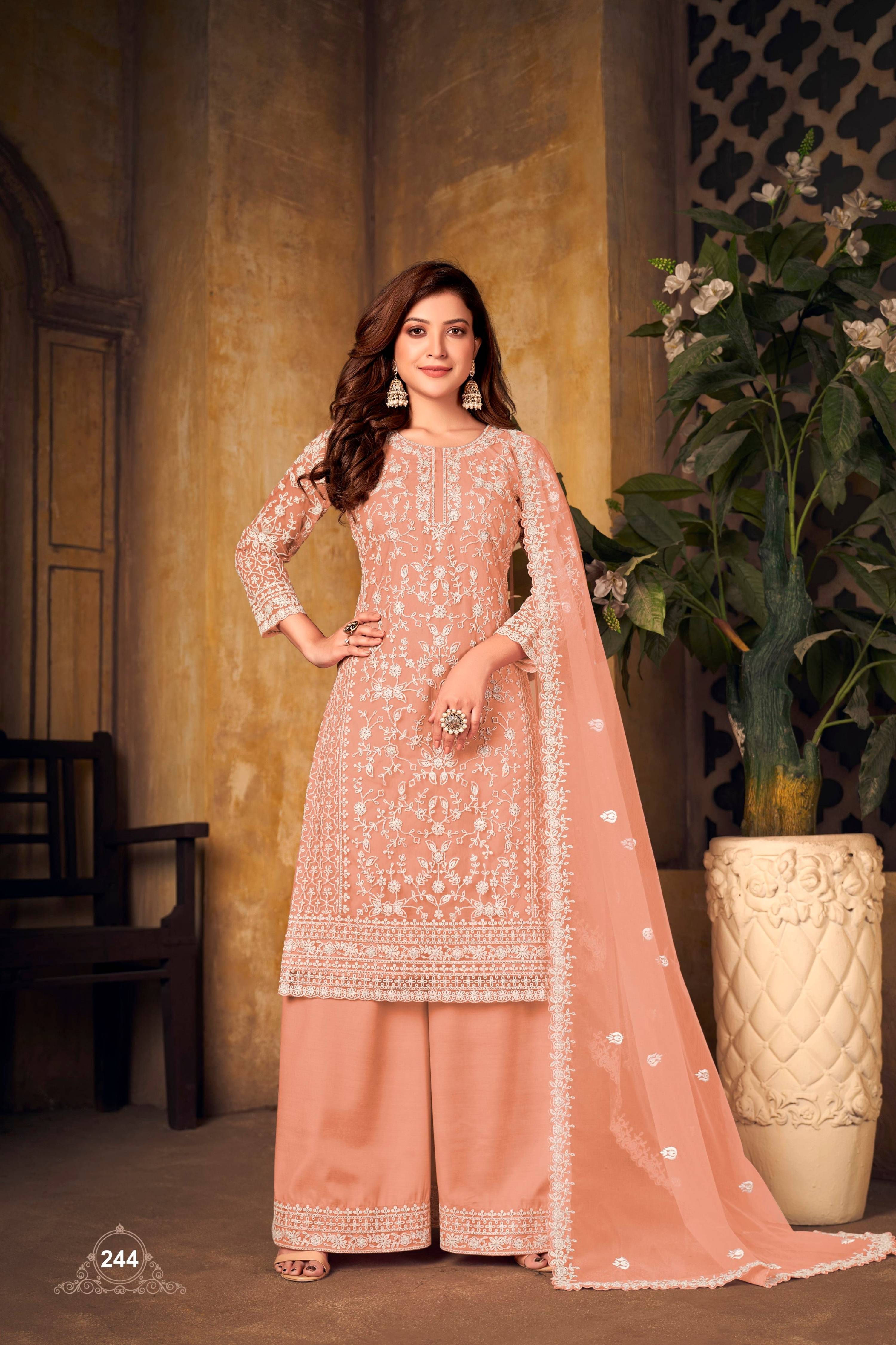 Anaita Orange Embroidered Net Plazzo Suit - Distacart