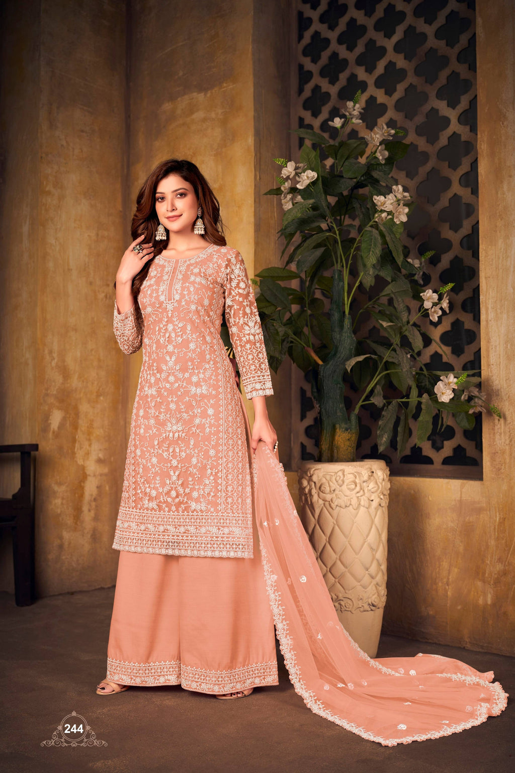 Anaita Orange Embroidered Net Plazzo Suit - Distacart
