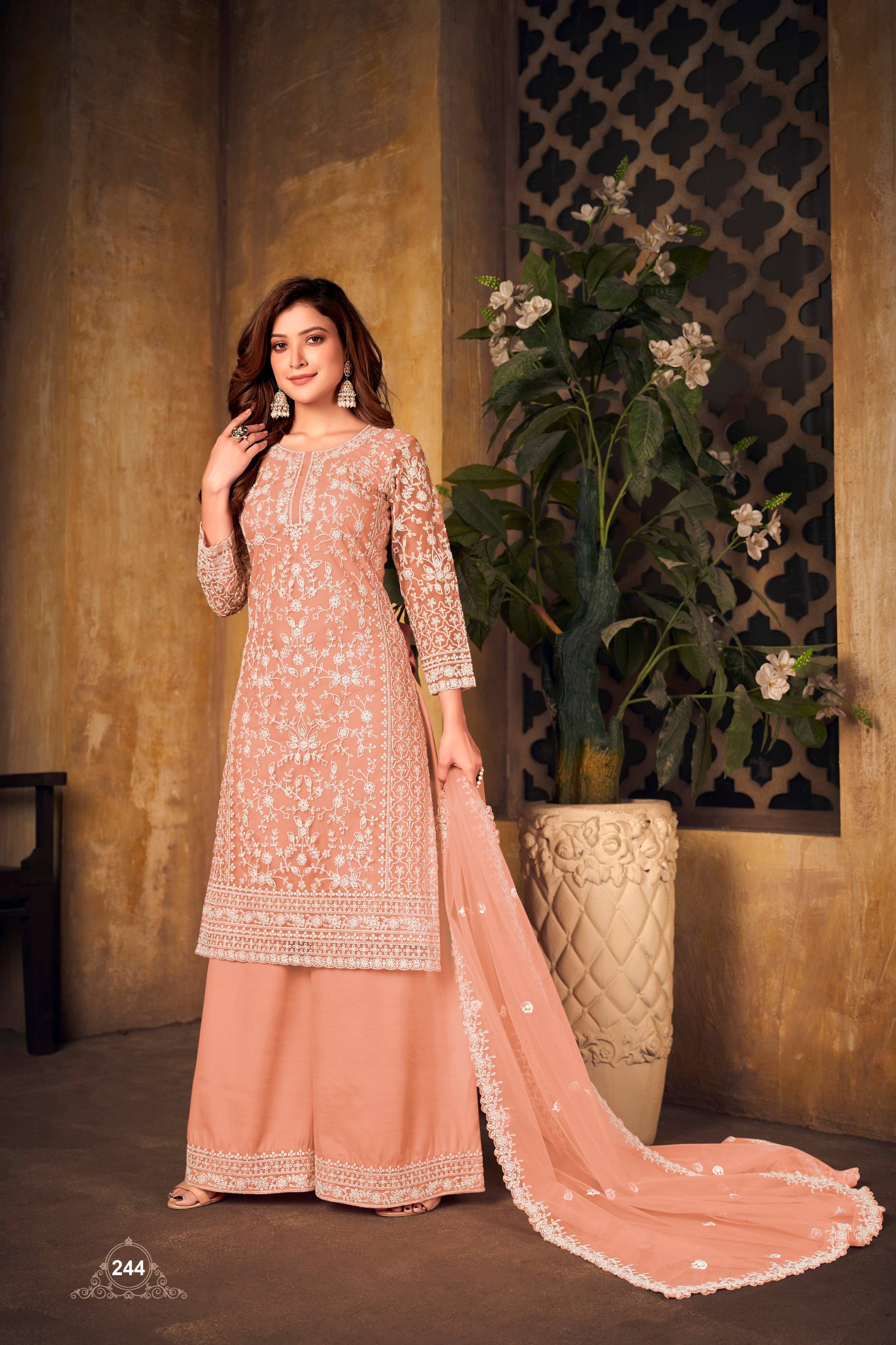 Anaita Orange Embroidered Net Plazzo Suit - Distacart