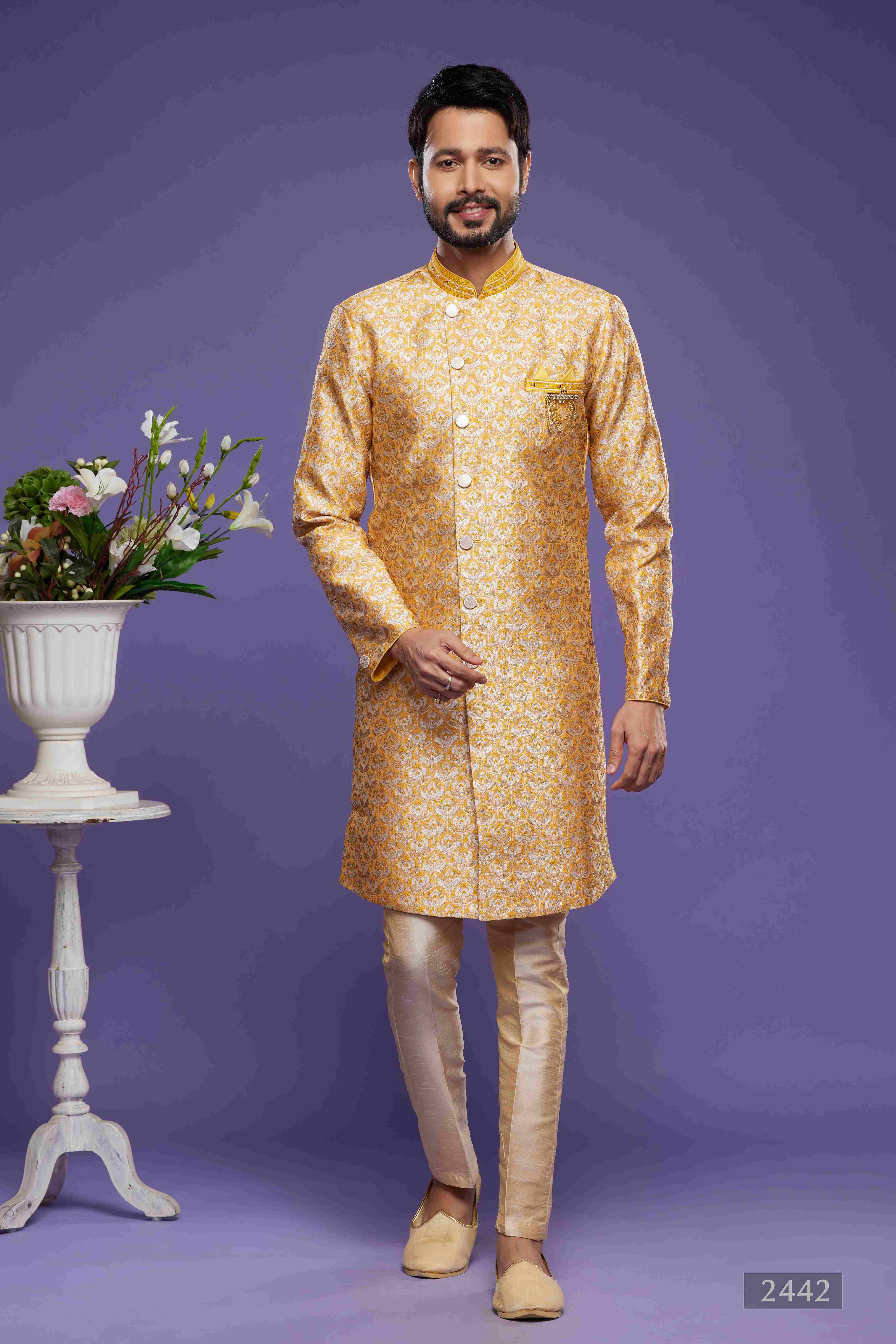 Raivat Ethnic Banarasi Jacquard Embroidery Semi Indo Western Sherwani In Yellow Colour