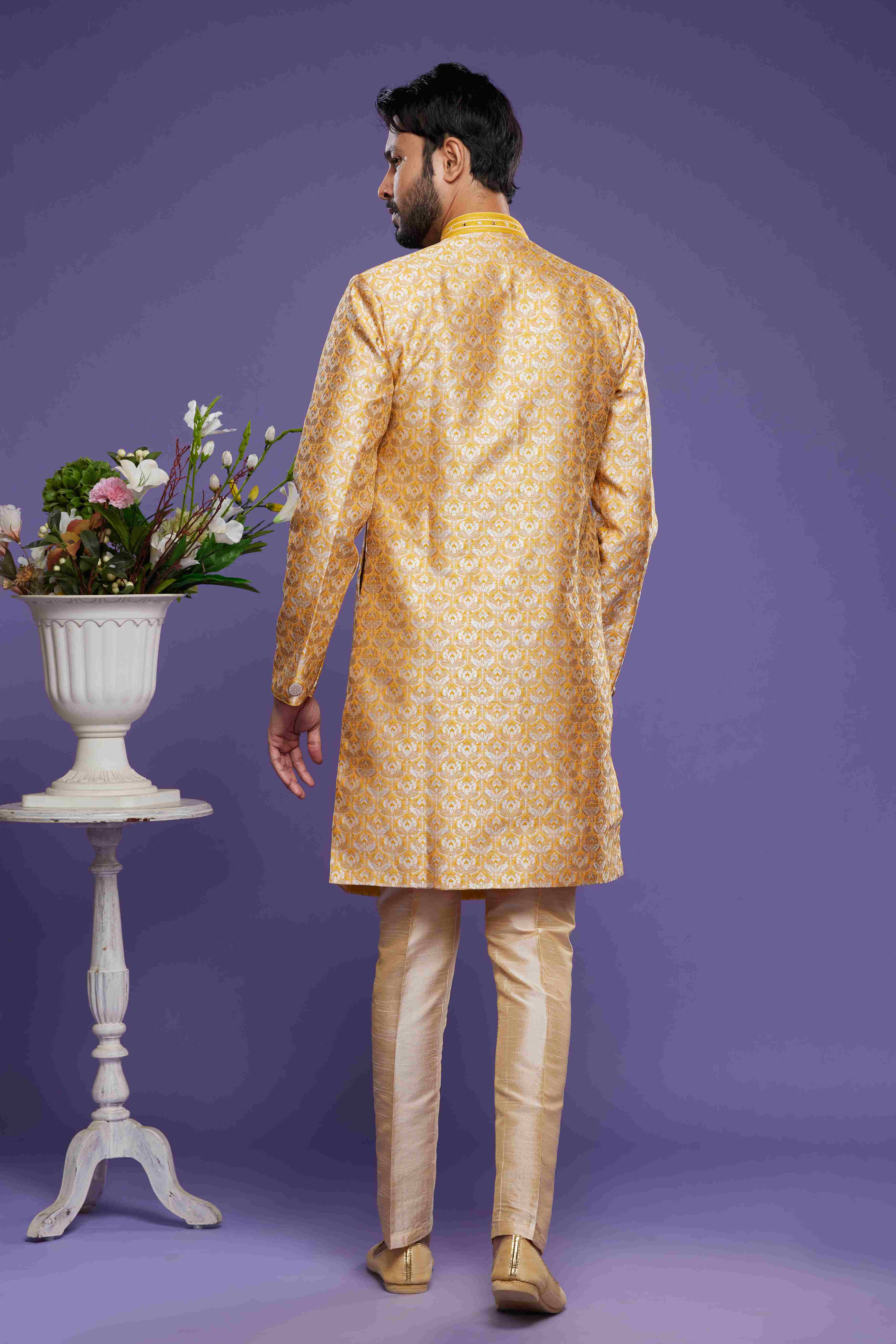 Raivat Ethnic Banarasi Jacquard Embroidery Semi Indo Western Sherwani In Yellow Colour
