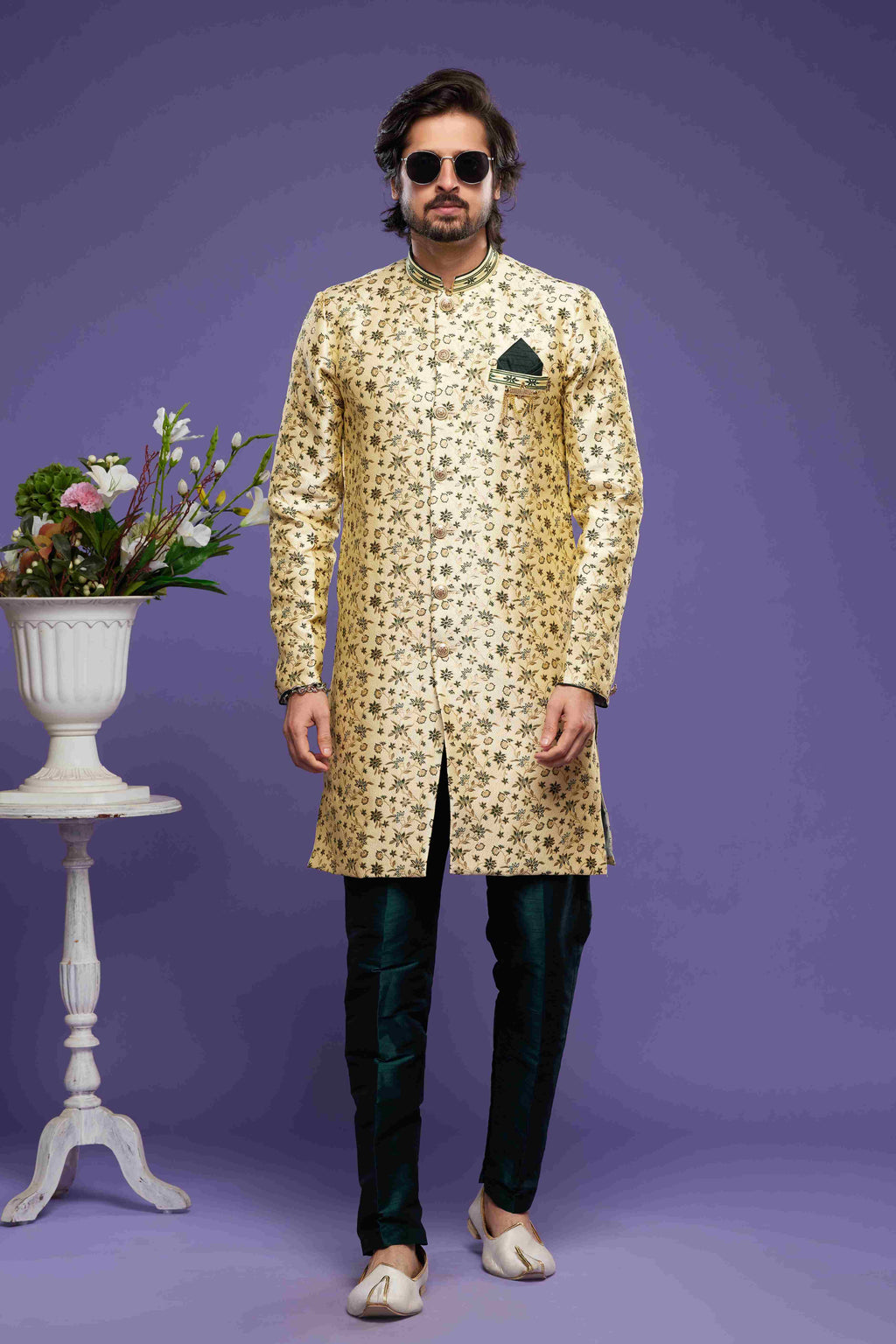 Raivat Ethnic Banarasi Jacquard Embroidery Semi Indo Western Sherwani In Gold Colour