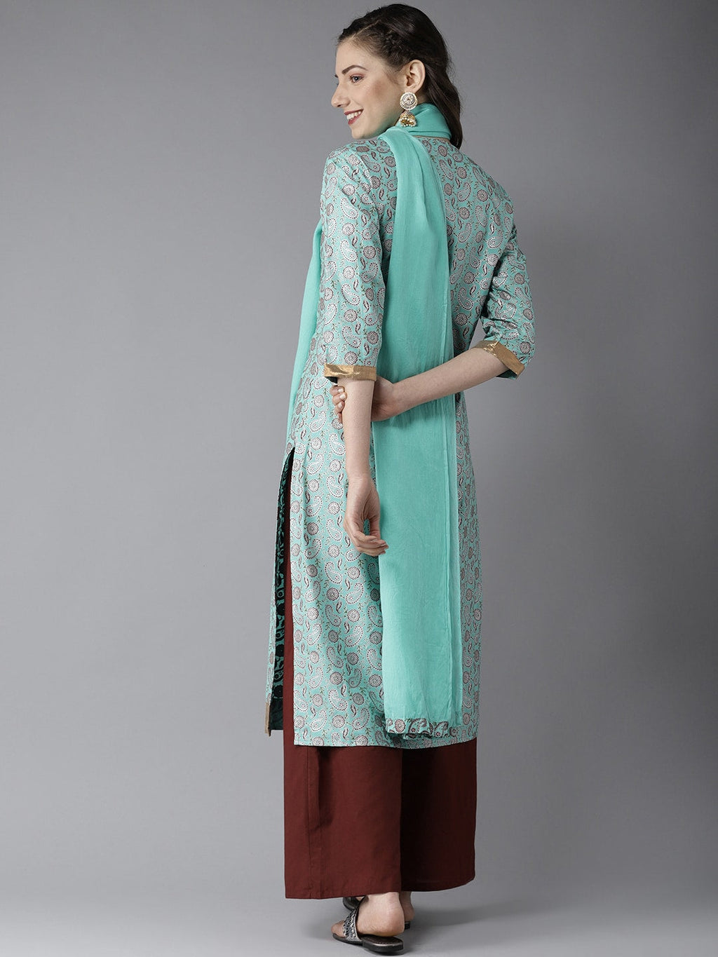 HERE&NOW Women Blue & Brown Printed Kurta with Palazzos & Dupatta