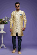 Raivat Ethnic Banarasi Jacquard Embroidery Semi Indo Western Sherwani In Gold Colour