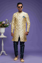 Raivat Ethnic Banarasi Jacquard Embroidery Semi Indo Western Sherwani In Gold Colour