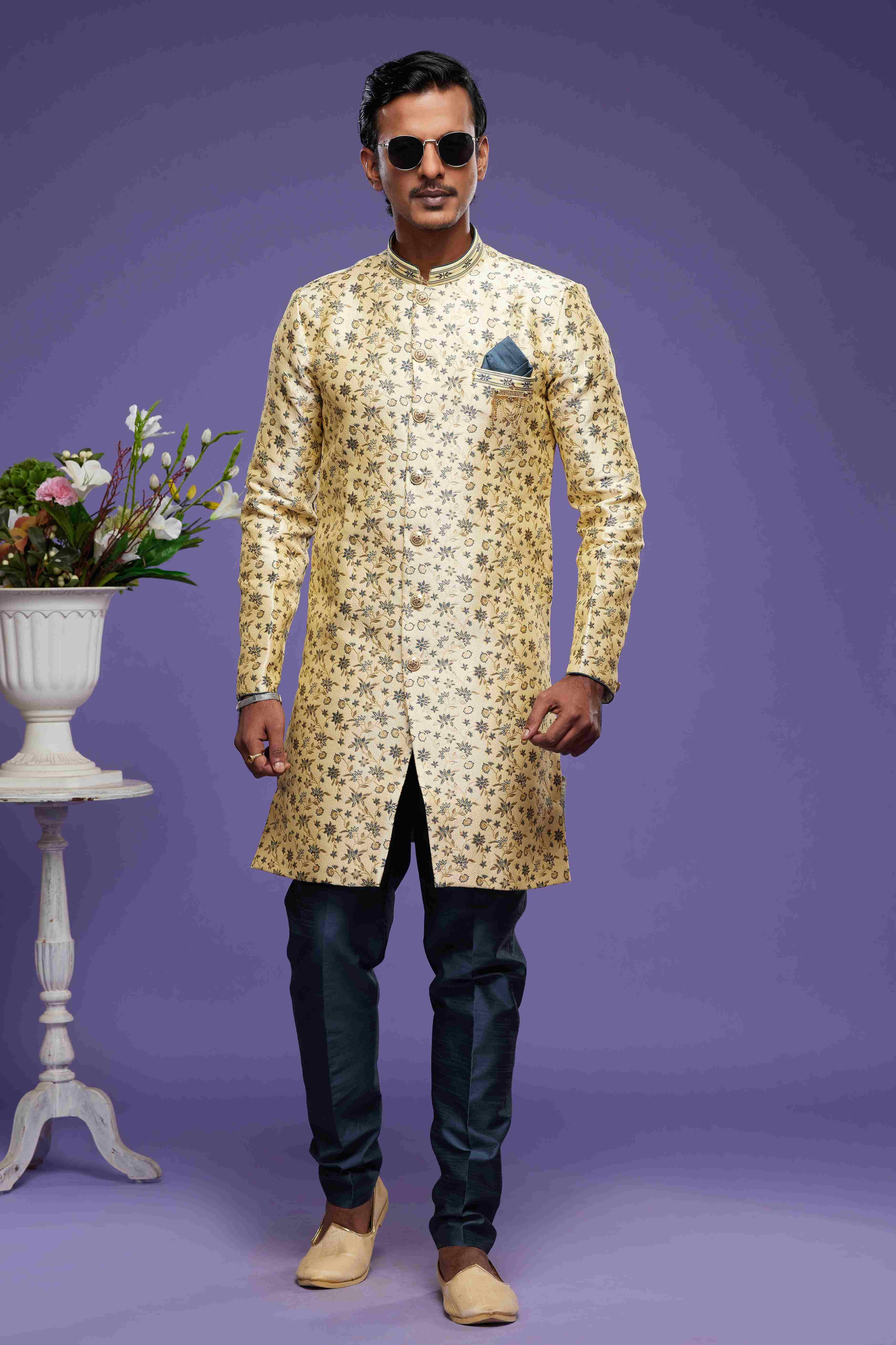 Raivat Ethnic Banarasi Jacquard Embroidery Semi Indo Western Sherwani In Gold Colour