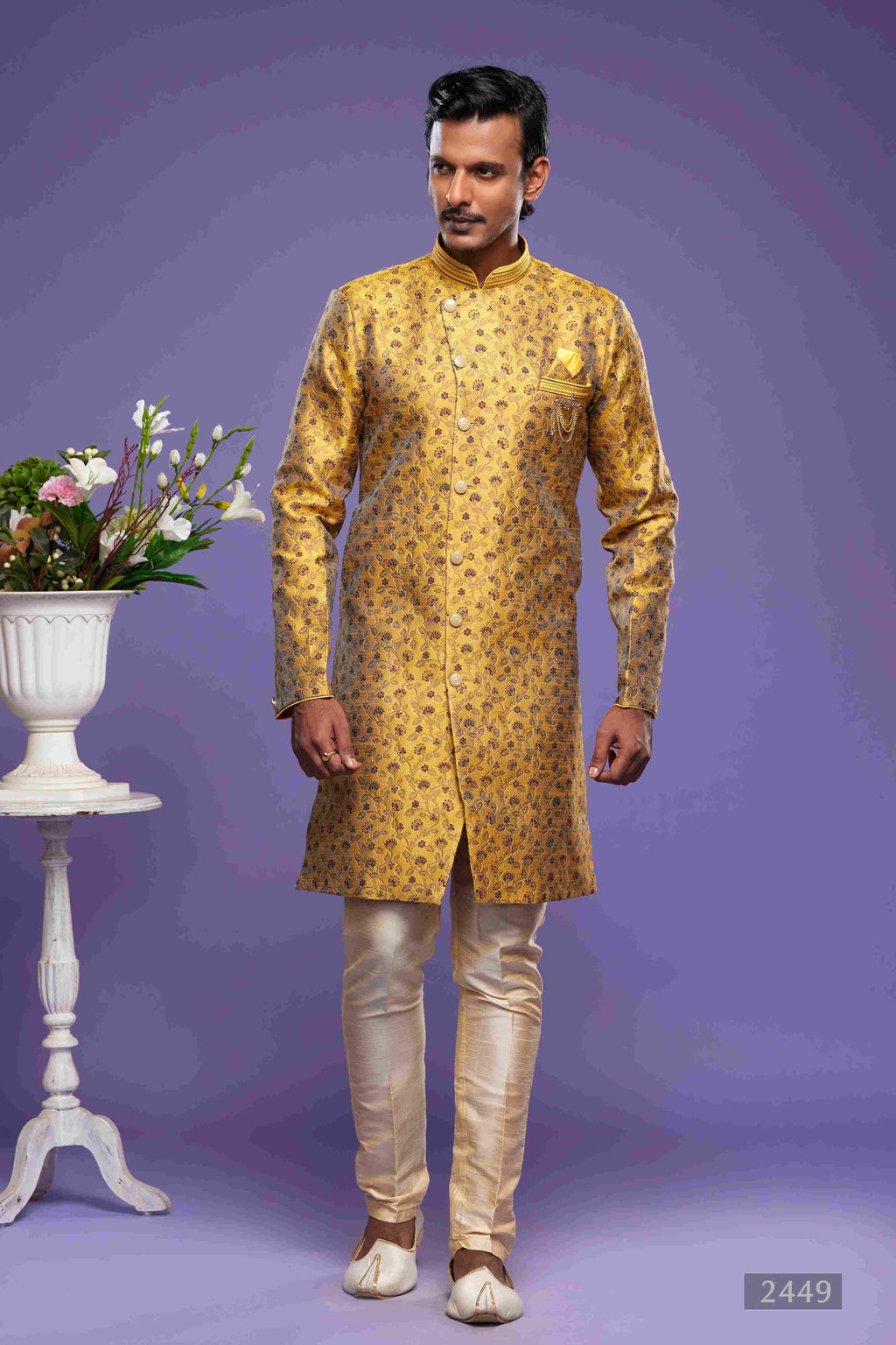 Raivat Ethnic Banarasi Jacquard Embroidery Semi Indo Western Sherwani In Gold Colour