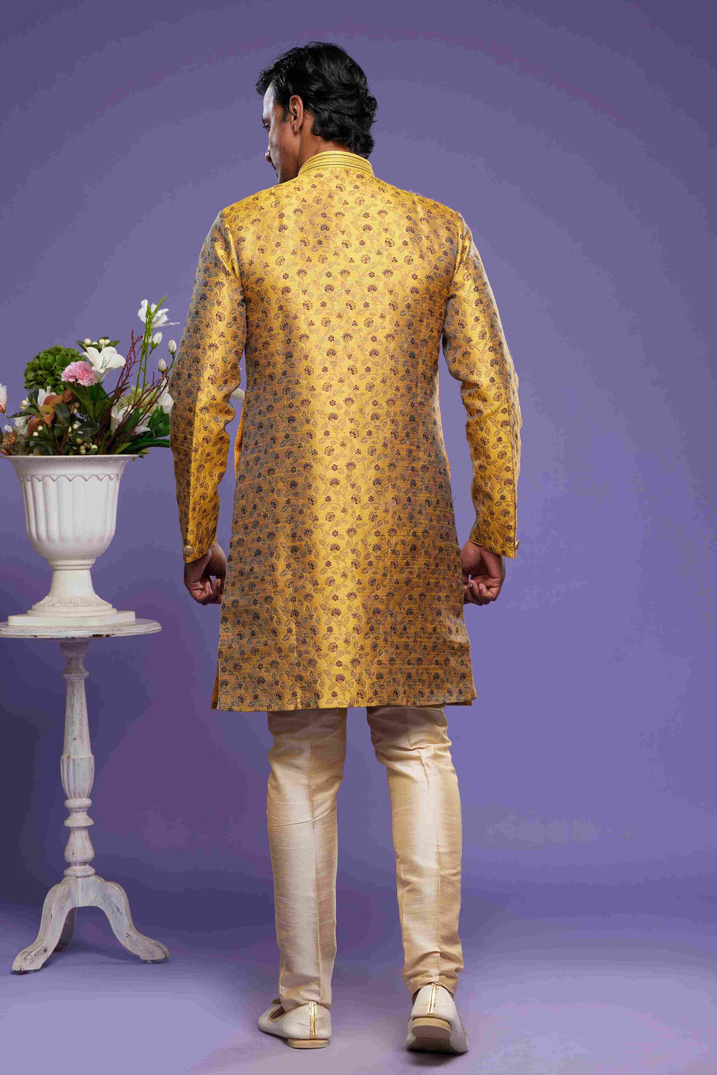 Raivat Ethnic Banarasi Jacquard Embroidery Semi Indo Western Sherwani In Gold Colour