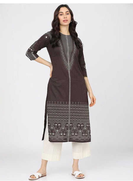 Maai Rayon Hand Printed Kurta Brown