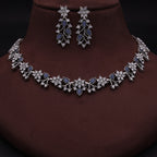 Tehzeeb Creations Silver Pleated White Diamond With Baby Blue Beads Necklace Set