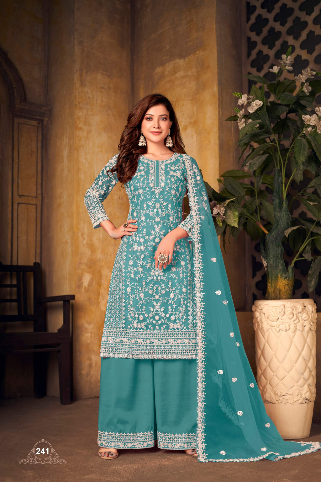Anaita Teal Embroidered Net Plazzo Suit - Distacart