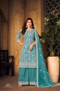 Anaita Teal Embroidered Net Plazzo Suit - Distacart