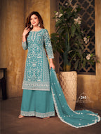 Anaita Teal Embroidered Net Plazzo Suit - Distacart