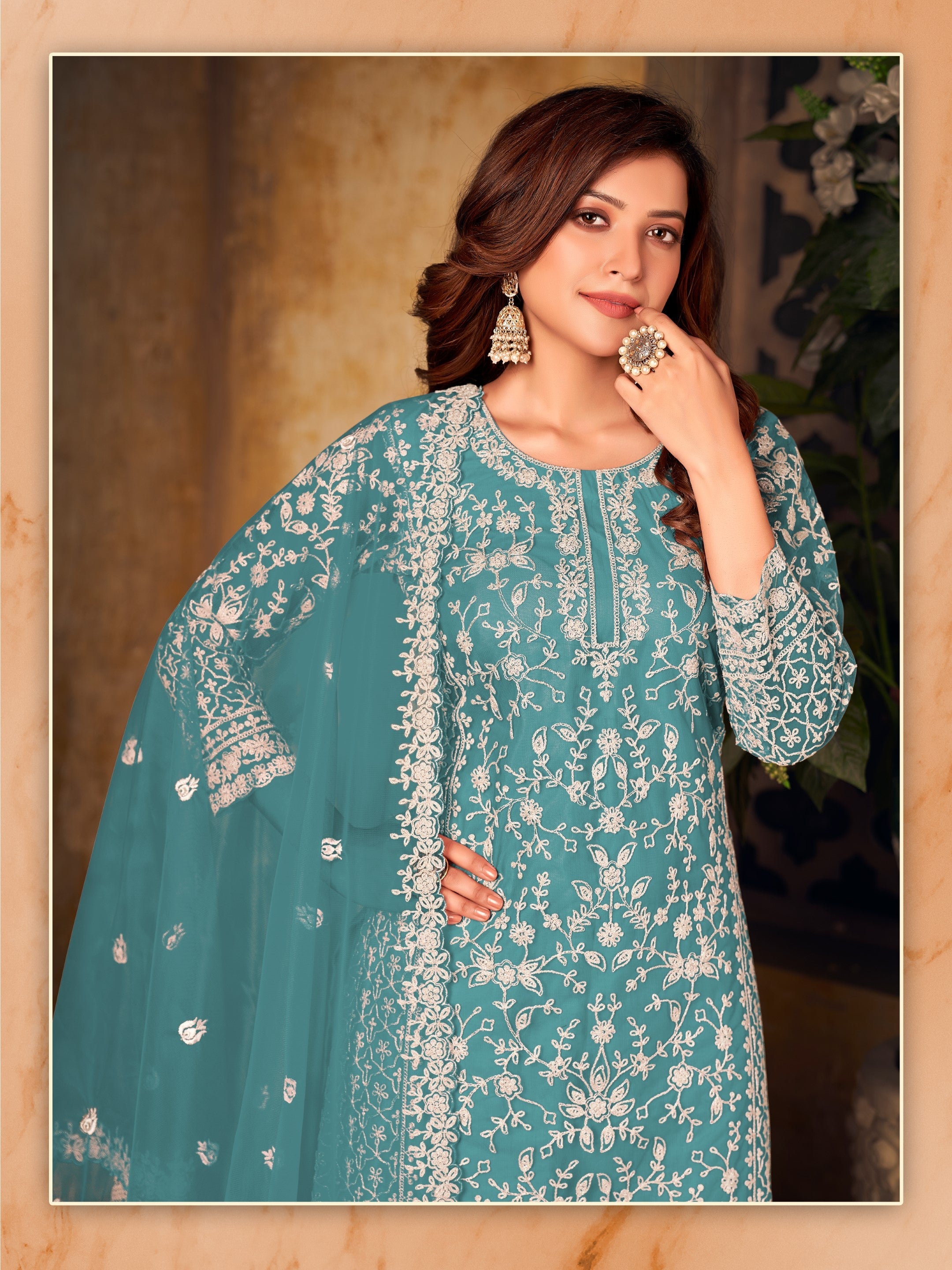Anaita Teal Embroidered Net Plazzo Suit - Distacart