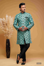 Raivat Ethnic Banarasi Jacquard Embroidery Semi Indo Western Sherwani In Green Colour