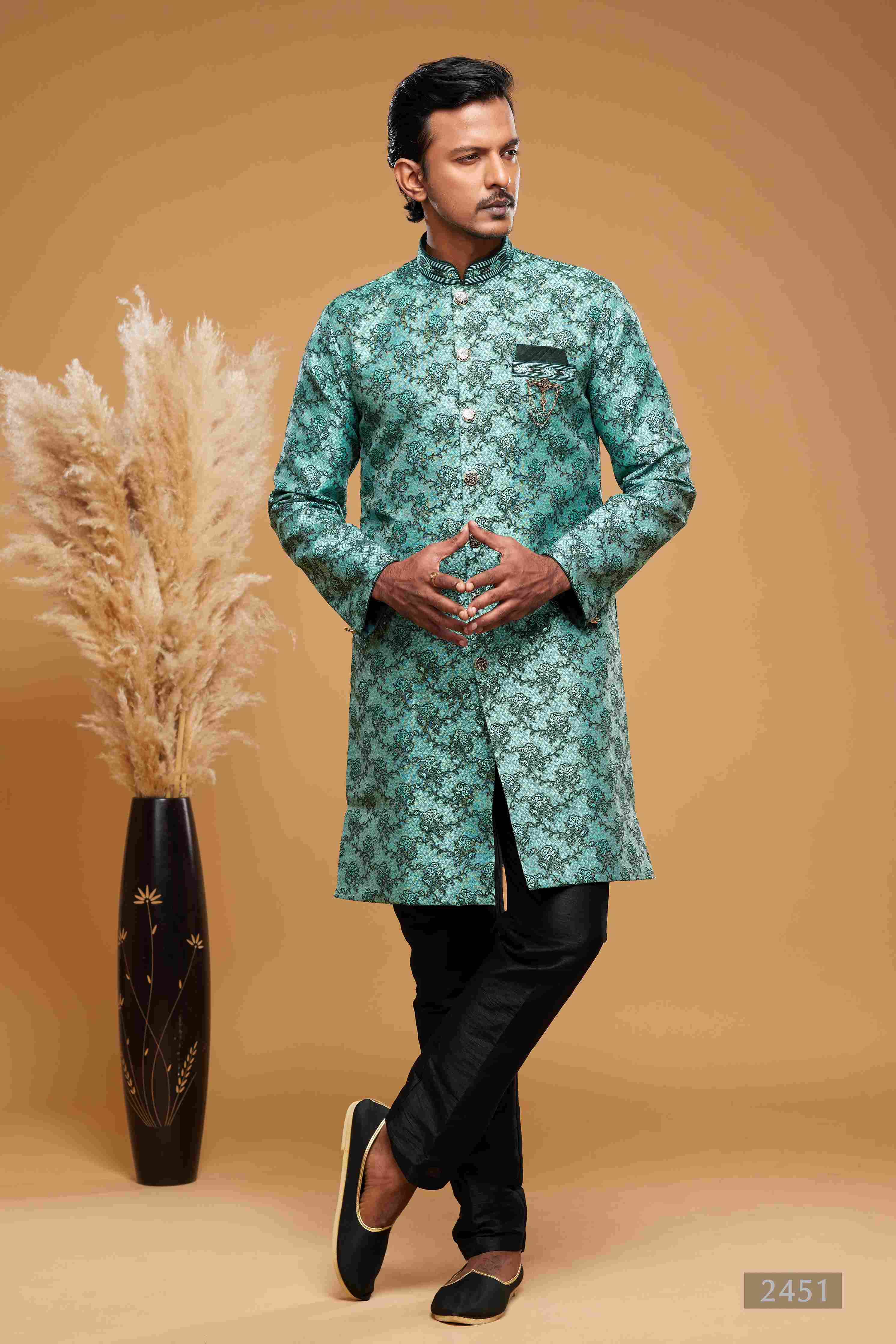 Raivat Ethnic Banarasi Jacquard Embroidery Semi Indo Western Sherwani In Green Colour
