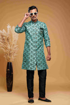 Raivat Ethnic Banarasi Jacquard Embroidery Semi Indo Western Sherwani In Green Colour