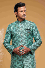 Raivat Ethnic Banarasi Jacquard Embroidery Semi Indo Western Sherwani In Green Colour