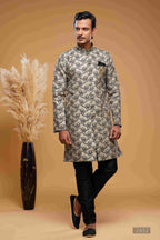Raivat Ethnic Banarasi Jacquard Embroidery Semi Indo Western Sherwani In Beige Black Colour